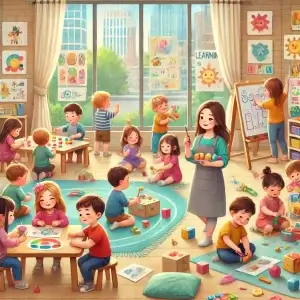 gambar yang menggambarkan suasana anak-anak yang sedang belajar sambil bermain di lingkungan prasekolah