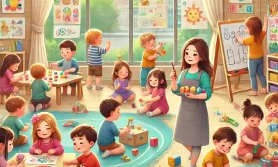 gambar yang menggambarkan suasana anak-anak yang sedang belajar sambil bermain di lingkungan prasekolah