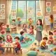 gambar yang menggambarkan suasana anak-anak yang sedang belajar sambil bermain di lingkungan prasekolah