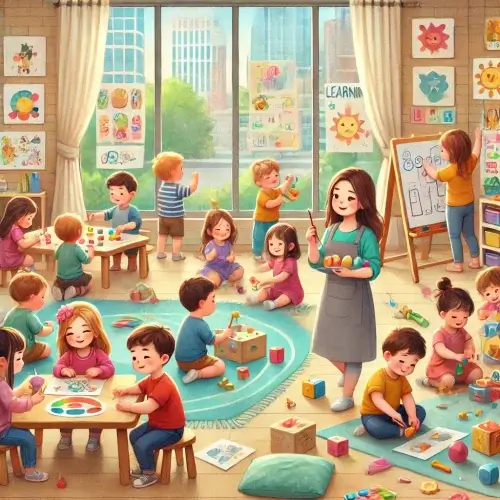 gambar yang menggambarkan suasana anak-anak yang sedang belajar sambil bermain di lingkungan prasekolah